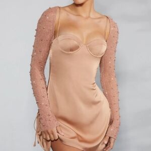 Oh Polly long sleeve embellished A line mini dress Tan color size 8 NWT